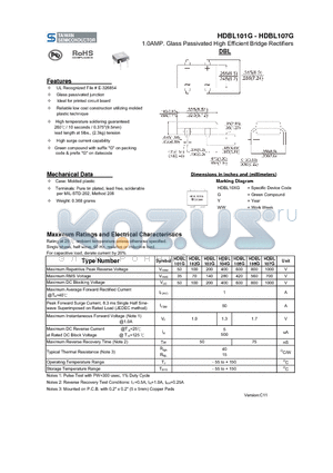 HDBL105G datasheet - 1.0AMP. Glass Passivated High Efficient Bridge Rectifiers