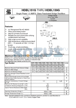 HDBL153G datasheet - Single Phase 1.5 AMPS. Glass Passivated Bridge Rectifiers