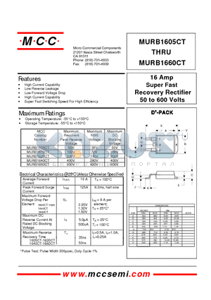 MURB1605CT datasheet - 16 Amp Super Fast Recovery Rectifier 50 to 600 Volts