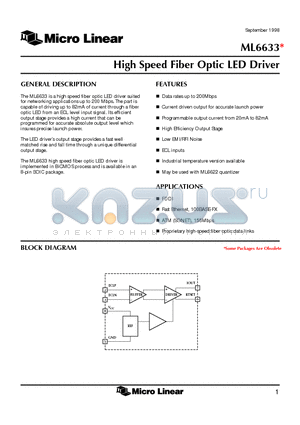 ML6633IS datasheet - High Speed Fiber Optic LED Driver