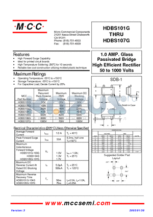 HDBS105G datasheet - 1.0 AMP. Glass Passivated Bridge High Efficient Rectifier 50 to 1000 Volts