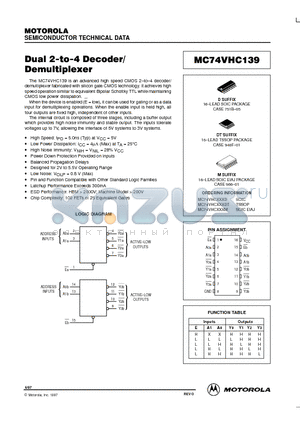 MC74VHC139D datasheet - Dual 2-to-4 Decoder/Demultiplexer