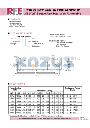 HQZN120W-10R-J-HP datasheet - HIGH POWER WIRE WOUND RESISTOR HZ HQZ Series: Flat Type, Non-Flammable