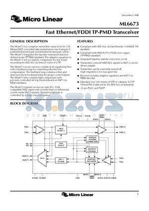 ML6673CH datasheet - Fast Ethernet/FDDI TP-PMD Transceiver