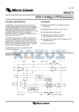 ML6674CH datasheet - ATM 155Mbps UTP Transceiver