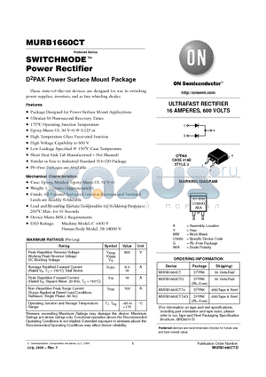 MURB1660CTT4 datasheet - ULTRAFAST RECTIFIER 16 AMPERES, 600 VOLTS