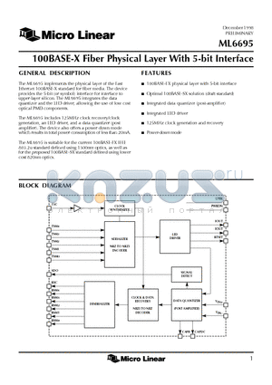 ML6695 datasheet - 100BASE-X Fiber Physical Layer With 5-bit Interface