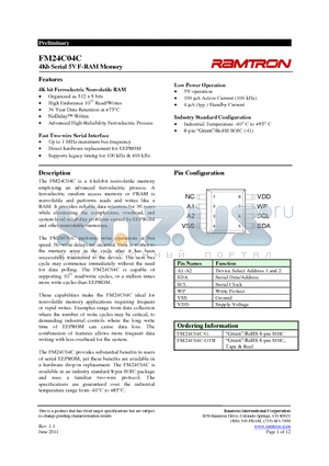 FM24C04C-G datasheet - 4Kb Serial 5V F-RAM Memory