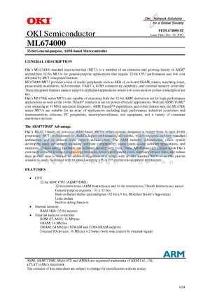 ML674000 datasheet - 32-bit General-purpose, ARM-based Microcontroller