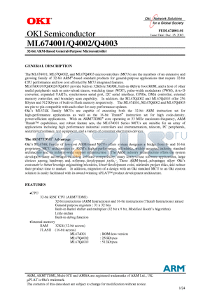 ML67Q4002 datasheet - 32-bit ARM-Based General-Purpose Microcontroller