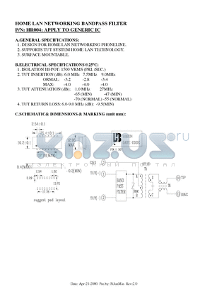 HR004 datasheet - HOME LAN NETWORKING BANDPASS FILTER