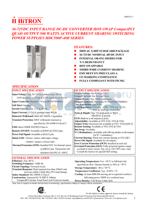 HDC500P-48B datasheet - 36-72VDC INPUT RANGE DC-DC CONVERTER HOT-SWAP CompactPCI QUAD OUTPUT 500 WATTS ACTIVE CURRENT SHARING SWITCHING POWER SUPPLIES