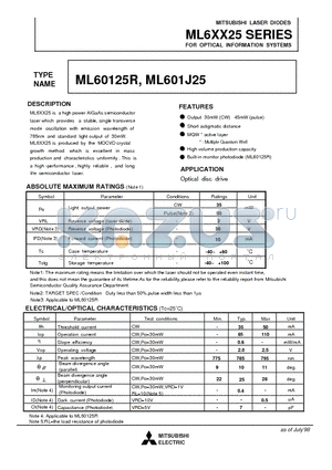 ML6XX25 datasheet - FOR OPTICAL INFORMATION SYSTEMS