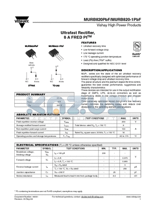 MURB820-1TRLPBF datasheet - Ultrafast Rectifier, 8 A FRED PtTM