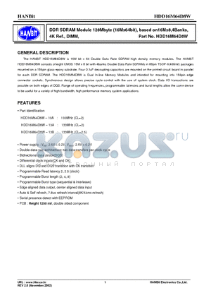 HDD16M64D8W-13B datasheet - DDR SDRAM Module 128Mbyte (16Mx64bit), based on16Mx8,4Banks, 4K Ref., DIMM,