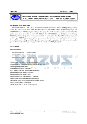 HDD16M72D9W-13A datasheet - DDR SDRAM Module 128Mbyte (16Mx72bit), based on 16Mx8, 4Banks 4K Ref., 184Pin-DIMM with Unbuffered ECC