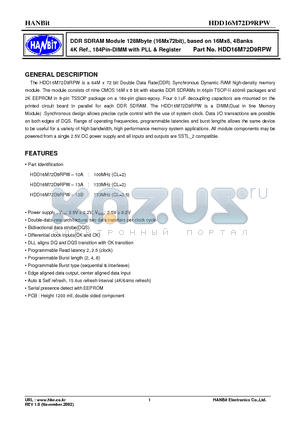 HDD16M72D9RPW-13B datasheet - DDR SDRAM Module 128Mbyte (16Mx72bit), based on 16Mx8, 4Banks 4K Ref., 184Pin-DIMM with PLL & Register