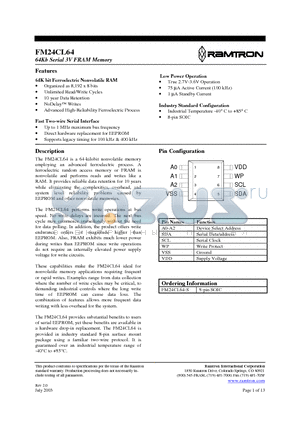 FM24CL64 datasheet - 64Kb 2.7V-3.6V FRAM Serial Memory