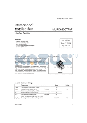 MURD620CTPBF datasheet - Ultrafast Rectifier