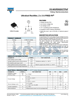 MURD620CTPBF datasheet - Ultrafast Rectifier, 2 x 3 A FRED Pt