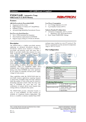 FM24CL64B-GA datasheet - 64Kb Serial 3V F-RAM Memory