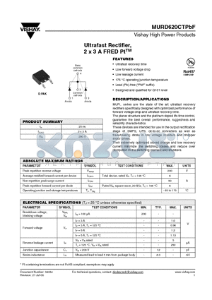 MURD620CTTRPBF datasheet - Ultrafast Rectifier, 2 x 3 A FRED PtTM