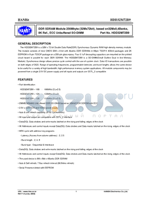 HDD32M72B9-13A datasheet - DDR SDRAM Module 256Mbyte (32Mx72bit), based on32Mx8,4Banks, 8K Ref., ECC Unbuffered SO-DIMM