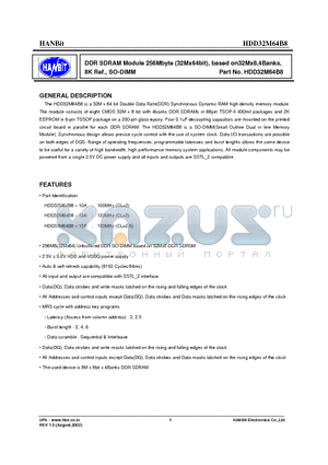 HDD32M64B8-13B datasheet - DDR SDRAM Module 256Mbyte (32Mx64bit), based on32Mx8,4Banks, 8K Ref., SO-DIMM