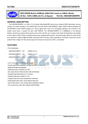 HDD32M72D9RPW-10A datasheet - DDR SDRAM Module 256Mbyte (32Mx72bit), based on 32Mx8, 4Banks 8K Ref., 184Pin-DIMM with PLL & Register