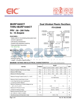 MURF1020CT datasheet - Dual Ultrafast Plastic Rectifiers