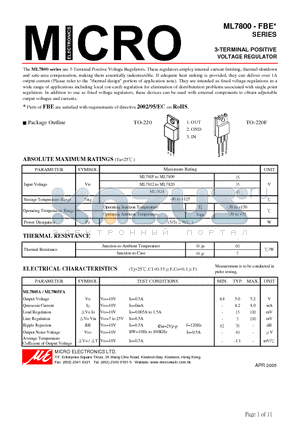 ML7808FA datasheet - 3-TERMINAL POSITIVE VOLTAGE REGULATOR