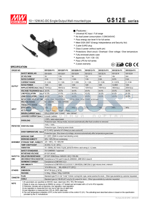 GS12E05-P1I datasheet - 10 ~ 12WAC-DC Single Output Wall-mounted type