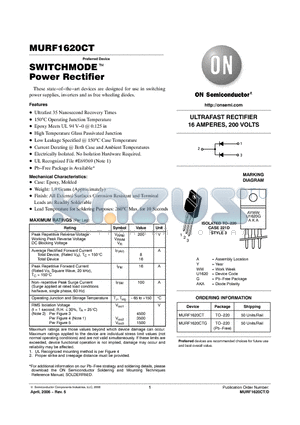 MURF1620CTG datasheet - ULTRAFAST RECTIFIER 16 AMPERES, 200 VOLTS