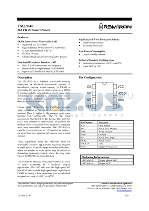 FM25040 datasheet - 4Kb FRAM Serial Memory