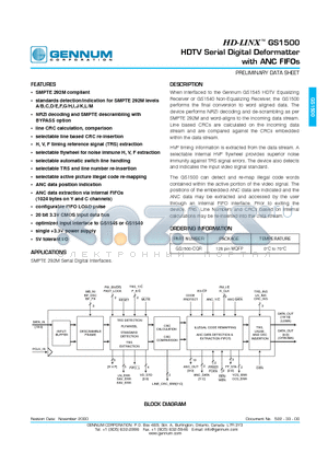 GS1500-CQR datasheet - HDTV Serial Digital Deformatter with ANC FIFOs