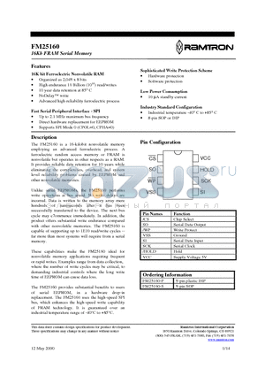 FM25160-P datasheet - 16Kb FRAM Serial Memory