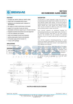 GS1503-CFZ datasheet - HD EMBEDDED AUDIO CODEC