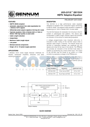 GS1504-CKD datasheet - HDTV Adaptive Equalizer