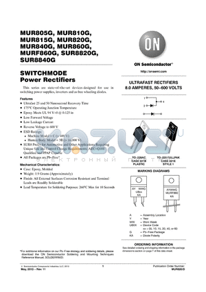 MURF860G datasheet - ULTRAFAST RECTIFIERS 8.0 AMPERES, 50600 VOLTS