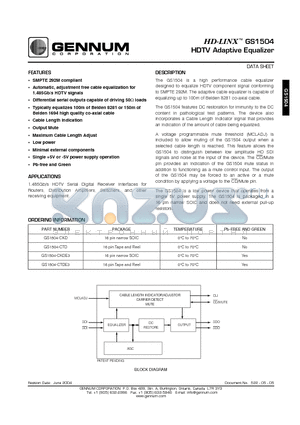 GS1504-CTDE3 datasheet - HDTV Adaptive Equalizer