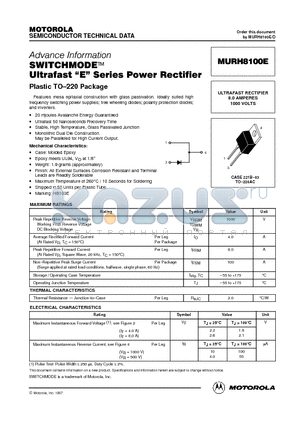 MURH8100E datasheet - ULTRAFAST RECTIFIER 8.0 AMPERES 1000 VOLTS