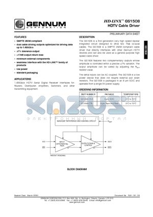 GS1508-CKA datasheet - HDTV Cable Driver