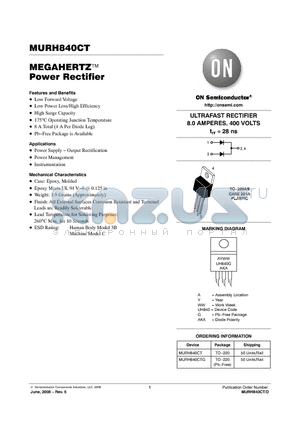 MURH840CTG datasheet - MEGAHERTZ Power Rectifier