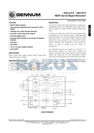 GS1515-CQM datasheet - HDTV Serial Digital Reclocker