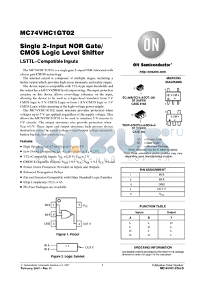 MC74VHC1GT02DTT1 datasheet - Single 2−Input NOR Gate/CMOS Logic Level Shifter LSTTL−Compatible Inputs