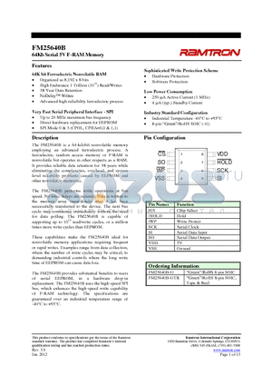 FM25640B-GTR datasheet - 64Kb Serial 5V F-RAM Memory