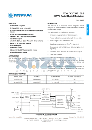 GS1522 datasheet - HDTV Serial Digital Serializer