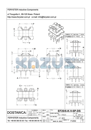 EF20-6-K-V-6P-DS datasheet - COIL FORMER