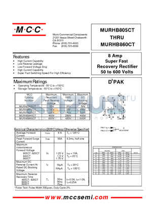MURHB805CT datasheet - 8 Amp Super Fast Recovery Rectifier 50 to 600 Volts
