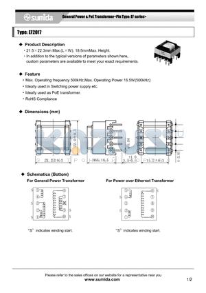 EF2017 datasheet - General Power & PoE Transformer<Pin Type: EF series>